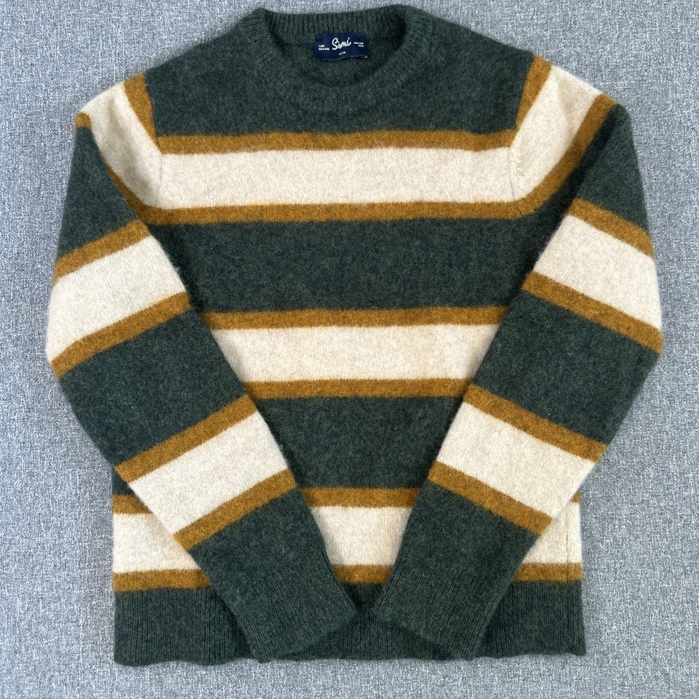 Simons 100% Wool Striped Crewneck Sweater Green Cream Brown Men's Medium